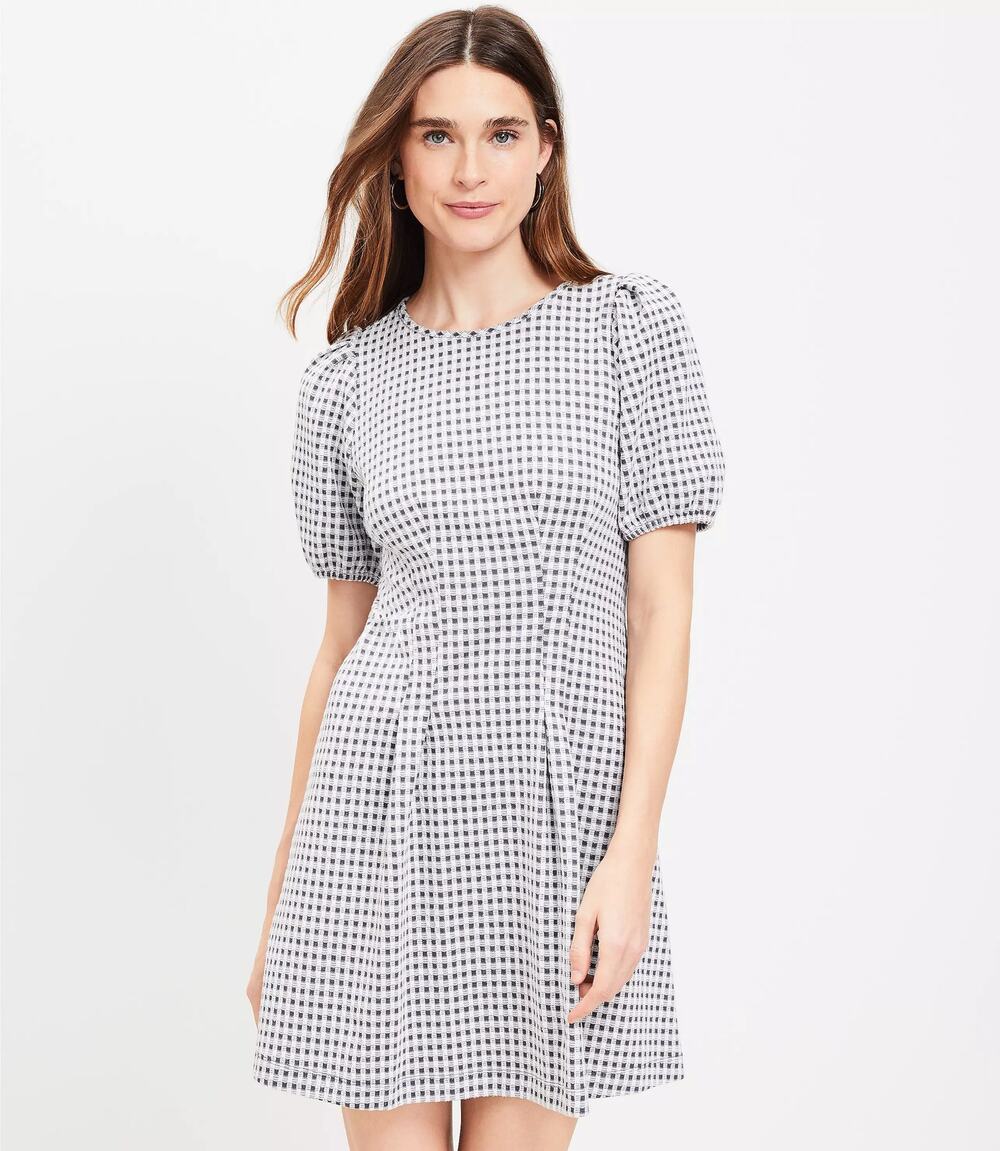Ann Taylor LOFT Check Gingham Puff Sleeve Pleated SIZE 2 Mini A-Line Dress NWT